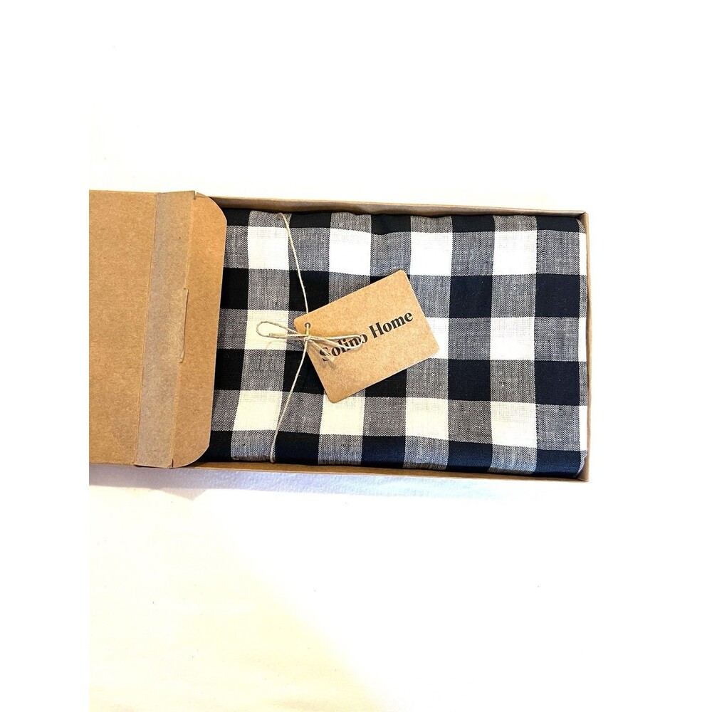 Solino Home Table Runner Morgan Check 14 x 90 inches 100% Pure Linen Black Cream